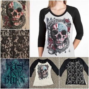 Crash & Burn Bling Skull & Lace Henley